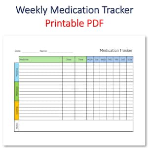 May include: A printable PDF medication tracker with a white background. The title "Weekly Medication Tracker" is in blue, and "Printable PDF" is in red. The tracker includes sections for medicine, dose, time, and a weekly schedule.