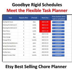 以下が含まれることがあります： Goodbye Rigid Schedules Meet the Flexible Task Plannerというタイトルのデジタル家事プランナースプレッドシート。タスク、繰り返し、期間、期限の列があり、各タスク行にはcompletedと書かれたボタンが配置されています。