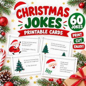 May include: A set of 60 printable Christmas joke cards featuring festive illustrations of Santa Claus and decorated pine trees. Each card displays a holiday-themed joke and answer. The text reads Christmas Jokes, 60 Jokes, Print, Cut, Enjoy!