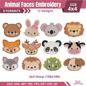 Paquete de diseños de bordado de animales del bosque adorables, bordado a máquina de caras de animales kawaii, bebés y niños, oso, zorro, conejo, panda - 8 formatos