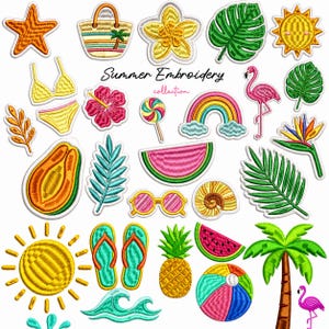 Summer Embroidery Bundle | Tropical Embroidery Designs | Beach Vacation Embroidery Files | Palm Tree, Flamingo, Ocean | Instant Download