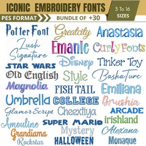 Peut inclure: Un affichage numérique de plus de 30 polices de broderie emblématiques au format PES, présentant divers styles dont Potter Font, Lush Signature, Star Wars, Old English, Magnolia, Umbrella, Glamor Script, Amouline, Grandiama, Rockstar et Halloween.