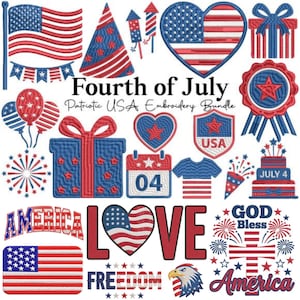 Peut inclure: Une collection de motifs de broderie numérique sur le thème du 4 juillet en rouge, blanc et bleu. Les éléments incluent des drapeaux américains, des cœurs, des cadeaux, des feux d'artifice, des ballons, un pygargue à tête blanche et les textes Fourth of July, America, Love, Freedom et God Bless America.