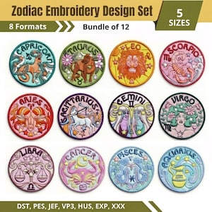 Peut inclure: Une collection numérique de 12 motifs de broderie zodiacaux circulaires représentant Capricorne, Taureau, Lion, Scorpion, Bélier, Sagittaire, Gémeaux, Vierge, Balance, Cancer, Poissons et Verseau. L'ensemble inclut 5 tailles et 8 formats.