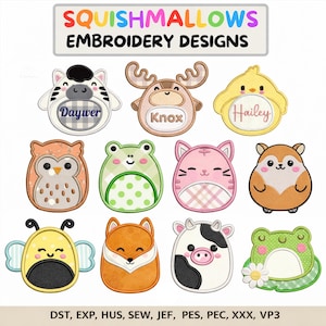 Peut inclure: Une collection de onze motifs de broderie d'animaux intitulée SQUISHMALLOWS EMBROIDERY DESIGNS. Les personnages incluent un zèbre, un élan, un poussin, un hibou, une grenouille, un chat, un hamster, une abeille, un renard, une vache et une grenouille sur un nénuphar. Formats : DST, EXP, HUS, SEW, JEF, PES, PEC, XXX, VP3.