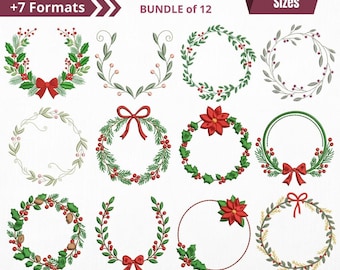 Op de afbeelding: Een digitale collectie van 12 borduurontwerpen van kerstkransen met diverse botanische elementen zoals hulst, dennennaalden, kerststerren en rode strikken. De set bevat 7 bestandsformaten en meerdere formaten voor borduurmachines.