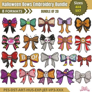 Peut inclure: Un ensemble de motifs de broderie numérique intitulé Halloween Bows Embroidery Bundle comprenant 20 illustrations de nœuds sur le thème d'Halloween avec des citrouilles, crânes, fantômes, yeux et le texte BOO en tailles 4x4 et 5x7.