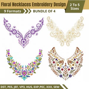 May include: Four distinct floral necklace embroidery designs arranged in a grid. The top left is purple, top right is gold, bottom left is multicolored, and bottom right is a botanical pattern. Text reads Floral Necklaces Embroidery Design.