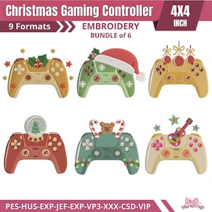 May include: An embroidery bundle of 6 Christmas gaming controller designs in 4x4 inch size. The digital patterns feature controllers decorated with holly, a Santa hat, ornaments, a snow globe, a teddy bear with candy canes, and a guitar.