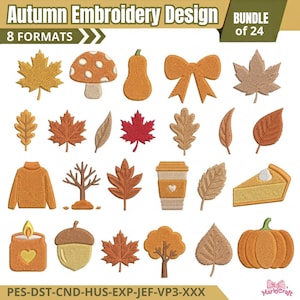 Puede incluir: Una colección digital de 24 diseños de bordado con temática otoñal que incluye hojas, un hongo, una calabaza, un lazo, un suéter, un árbol, un vaso de café, un trozo de tarta, una vela y una bellota. El texto dice Autumn Embroidery Design.