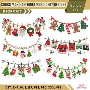 Può includere: Una collezione digitale di sei disegni per ricamo a ghirlanda natalizia con icone festive come omini di pan di zenzero, Babbo Natale, renne, calze, ornamenti e alberi. Il testo recita CHRISTMAS GARLAND EMBROIDERY DESIGNS, Bundle of 6, 8 FORMATS e DST, EXP, HUS, JEF, PES, PEC, XXX, VP3.