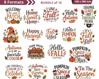 May include: An embroidery design bundle featuring 18 autumn-themed quotes and graphics, including pumpkins, leaves, gnomes, and trucks. The text includes phrases like Welcome to our Patch, Hello Autumn, and Pumpkin Spice. Available in 8 file formats.