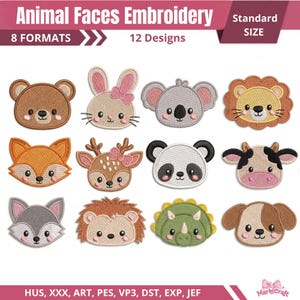Peut inclure: Une collection numérique de 12 motifs de broderie de visages d'animaux intitulée Animal Faces Embroidery, 8 FORMATS, et Standard SIZE. L'ensemble comprend un ours, un lapin, un koala, un lion, un renard, un cerf, un panda, une vache, un loup, un hérisson, un tricératops et un chien.