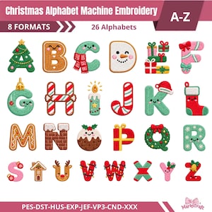 May include: A digital collection of Christmas Alphabet Machine Embroidery designs featuring 26 letters from A to Z. Each letter is illustrated with festive holiday themes including gingerbread, ornaments, presents, candy canes, and wreaths.