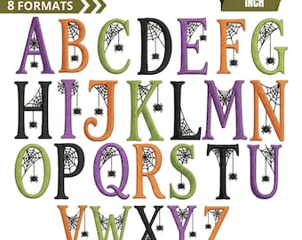 May include: A digital embroidery alphabet font featuring letters A through Z in orange, purple, green, and black. Each letter is decorated with a black spider web and a small spider. The text reads HALLOWEEN ALPHABET EMBROIDERY FONT 4X4 INCH.