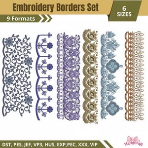 Peut inclure: Un ensemble de bordures de broderie numérique présentant six motifs verticaux distincts dans des tons bleu, violet, or et marron. Le texte indique Embroidery Borders Set, 6 SIZES, 9 Formats, et DST, PES, JEF, VP3, HUS, EXP, PEC, XXX, VIP.