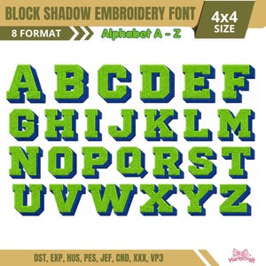 Peut inclure: Un ensemble de polices de broderie numérique présentant l'alphabet de A à Z dans un style d'ombre en bloc. Chaque lettre est rendue en vert citron vif avec un effet d'ombre portée bleu foncé. Le texte indique Block Shadow Embroidery Font.