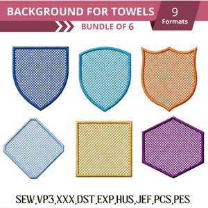 Peut inclure: Un ensemble de motifs de broderie numérique comprenant six formes distinctes avec un motif en grille. Les formes incluent deux boucliers, un losange, un carré et un hexagone en bleu, bleu clair, orange, or et violet avec du texte.