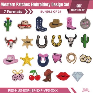 Peut inclure: Un ensemble de motifs de broderie numérique intitulé Western Patches Embroidery Design Set, comprenant 24 icônes sur le thème western comme des bottes, chapeaux, cactus, fers à cheval, étoiles, crânes, dés, cerises, lèvres et un diamant, taille 26,72 cm x 41,15 cm.