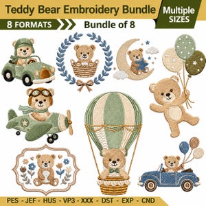 May include: Teddy Bear Embroidery Bundle featuring eight designs of teddy bears in various scenes including a green car, a basket, a moon, balloons, an airplane, a hot air balloon, and a blue car. Text includes Teddy Bear Embroidery Bundle.