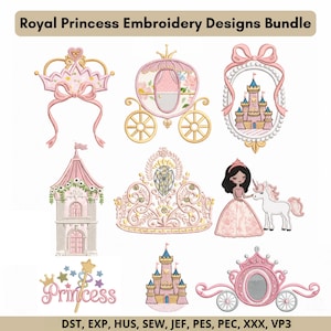 Peut inclure: Un ensemble de motifs de broderie numérique intitulé Royal Princess Embroidery Designs Bundle comprenant des motifs roses et dorés avec des couronnes, un carrosse, un château encadré, une tour, une princesse avec une licorne, une baguette et les formats DST, EXP, HUS, SEW, JEF, PES, PEC, XXX, VP3.