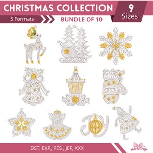 Peut inclure: Ensemble de motifs de broderie sur le thème de Noël. Les motifs comprennent un renne, un traîneau, un flocon de neige, une cloche, une lanterne, une moufle, une étoile, un ange, le mot "JOY" et une figurine du Père Noël. Les motifs sont blancs et dorés avec des détails.