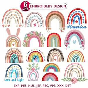 Peut inclure: Une collection de seize motifs de broderie arc-en-ciel distincts dans diverses palettes de couleurs et styles, incluant des accents floraux, des cœurs, des oreilles d'animaux et des imprimés léopard. Certains motifs incluent du texte.