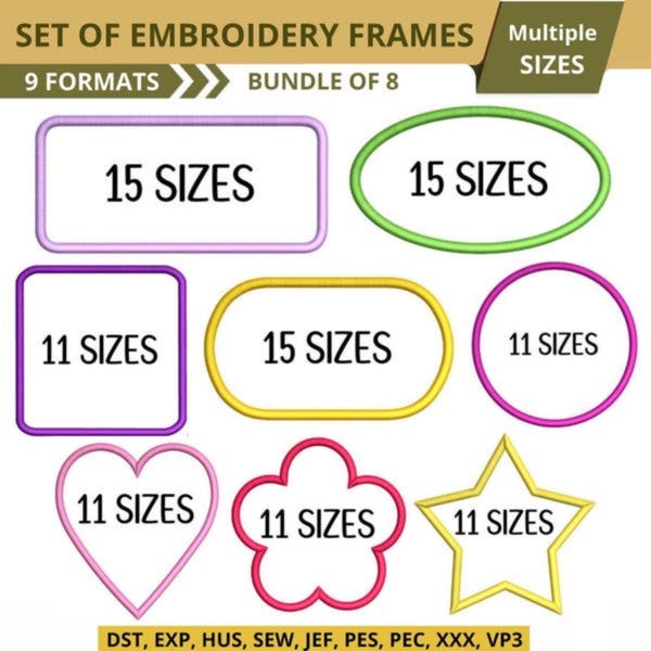 Geometric Applique Embroidery Design Bundle, Blank Frame Patch Shapes Satin Stitch, Monogram Border Digital File PES DST JEF