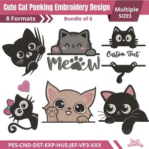 Cute Peeking Cat Embroidery Design Bundle, Kawaii Kitty Machine Embroidery File, Custom Text Frame Split Monogram, Black Cat PES JEF DST