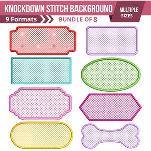 May include: A digital graphic displaying eight distinct frame shapes with a knockdown stitch pattern in red, light blue, pink, yellow, purple, green, magenta, and lavender. The text reads KNOCKDOWN STITCH BACKGROUND, 9 Formats, BUNDLE OF 8, MULTIPLE SIZES.