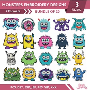 Peut inclure: Un lot de 20 motifs de broderie de monstres colorés, de différentes tailles et formats. Les motifs présentent une variété de monstres amicaux de couleurs et de styles différents. L'image comprend le texte "MONSTERS EMBROIDERY DESIGNS" et "BUNDLE OF 20".