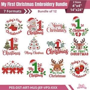 Bundel met borduurpatronen voor de eerste kerst van je baby | 12 borduurbestanden voor de eerste kerst van je baby (7 formaten)