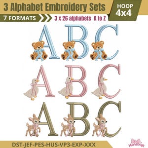 Animal Alphabet Embroidery Designs Set, 3 Cute Baby Monogram Fonts A-Z, Teddy Bear Goose Fawn Machine Embroidery Files DST PES JEF..