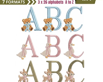 May include: Three alphabet embroidery sets featuring letters A, B, and C. The top row has light blue letters with brown teddy bears, the middle row has pink letters with white ducks, and the bottom row has tan letters with brown fawns.