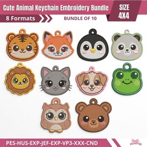 Cute Animal Keychain Embroidery Bundle 4x4, In The Hoop Key Fob Design Set, ITH Machine Embroidery Designs Digitized File - 8 Formats PES..