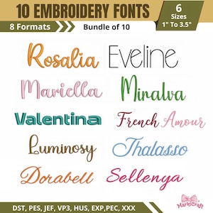 Peut inclure: Un lot numérique de 10 polices de broderie en 8 formats, avec 6 tailles allant de 2,54 cm à 8,89 cm. L'image présente des exemples de noms tels que Rosalia, Eveline, Maricella, Minalva, Valentina, French Amour, Luminosy, Thalasso, Dorabell et Sellenya.