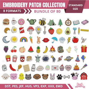 Peut inclure: Une collection numérique de 80 motifs de broderie représentant divers icônes comme de la nourriture, des animaux, des éléments spatiaux et la nature. Le texte indique EMBROIDERY PATCH COLLECTION, 8 FORMATS, BUNDLE OF 80, STANDARD SIZE, DST, PES, JEF, HUS, VP3, EXP, XXX, EMD.