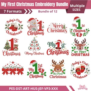 May include: A digital embroidery bundle titled My First Christmas Embroidery Bundle featuring 12 festive designs including snowmen, reindeer, Christmas trees, baby shoes, and teddy bears with red, green, and white text in 7 file formats.