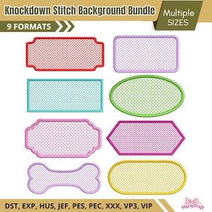 Pode incluir: Uma coleção digital intitulada Knockdown Stitch Background Bundle apresentando sete formas distintas com padrões de bordado em ponto cruz em vermelho, roxo claro, azul-petróleo, verde, rosa, magenta e amarelo, com 9 formatos.