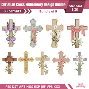 Può includere: Una collezione digitale intitolata Christian Cross Embroidery Design Bundle che presenta nove illustrazioni di croci decorate con lavanda, rose, margherite, gigli e una corona di spine. La grafica include testo ed etichette di formato.