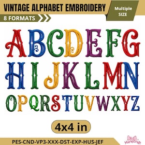 Op de afbeelding: Een digitaal borduur-alfabetset met de letters A tot en met Z in een decoratief lettertype. De letters zijn uitgevoerd in rood, blauw, groen, geel en paars. De tekst bevat VINTAGE ALPHABET EMBROIDERY, 8 FORMATS, 4x4 in en PES-CND-VP3-XXX-DST-EXP-HUS-JEF.