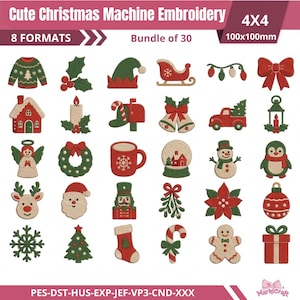 Peut inclure: Un ensemble numérique de 30 motifs de broderie machine de Noël en format 100x100mm. La collection comprend des icônes telles qu'un pull, du houx, un bonnet d'elfe, un traîneau, des lumières, un nœud, une maison, une bougie, une boîte aux lettres, des cloches, un camion, une lanterne, un ange, une couronne, une tasse, une boule à neige, un bonhomme de neige, un pingouin, un renne, le Père Noël, un casse-noisette, du gui, un poinsettia, une boule, un flocon, un sapin, une chaussette, un sucre d'orge, un bonhomme en pain d'épices et un cadeau.