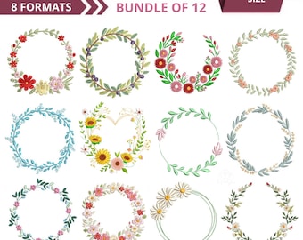 Floral Embroidery Design Bundle, 12 Wreath Embroidery Patterns, Flower Border Digital Download, Wedding Monogram Frame PES DST
