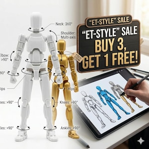 Può includere: Due manichini articolati per artisti, uno bianco e uno dorato, con spalle multi-asse e rotazione del collo a 360 gradi. Un tablet digitale mostra schizzi di figure. Un cartello recita "ET-STYLE SALE BUY 3, GET 1 FREE!"