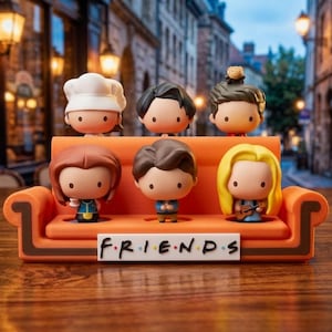 Orange sofa display stand compatible with McDonald's X Friends, collectible figurine holder.