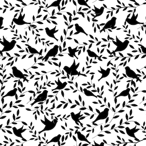 May include: Black and white silhouette pattern of birds on branches with leaves. The text "bird on a branch" and "www.joannetimleyjewellery.com www.etsy.com/shop/joannetimley" is at the bottom of the image.