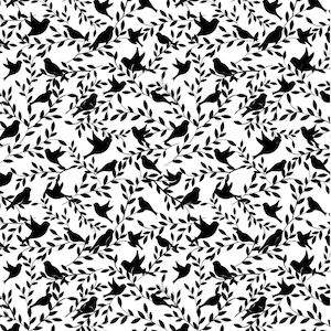 Może przedstawiać: Czarno-biały wzór sylwetki ptaków na gałęziach. Wzór powtarza się na całym obrazie. Tekst "bird on a branch" i "Joanne Tinley Jewellery" znajduje się na dole obrazu.