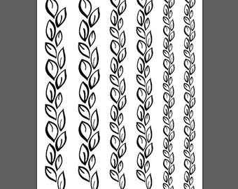 May include: A white sheet featuring six vertical black ink illustrations of leaf vine patterns. The text at the bottom reads Joanne Tinley Jewellery, watercolour leaves ring bands, and the website addresses www.joannetinleyjewellery.com and www.etsy.com/shop/joannetinley.