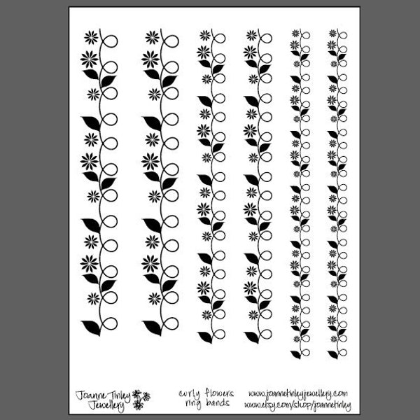 Curly Flowers ring bands - laser engraved texture sheet pattern for rolling mill and metal clay