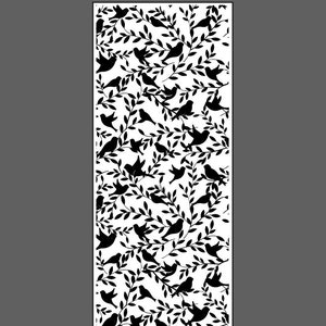 Op de afbeelding: Een lange, rechthoekige bladwijzer met een witte achtergrond en een herhalend patroon van zwarte vogels en bladeren. De onderkant van de bladwijzer bevat de tekst "Joanne Finley Jewellery" en een websiteadres.